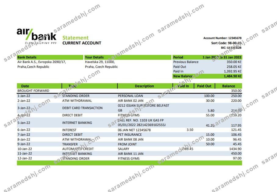 Czechia Air bank statement xls